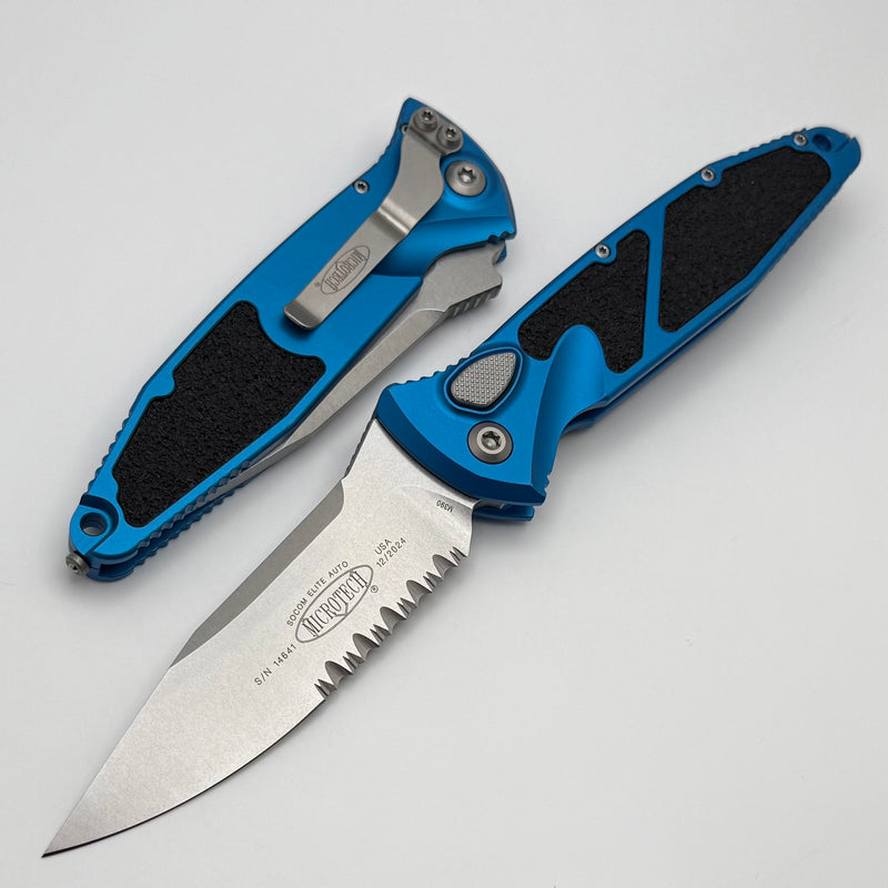 Microtech Socom Elite Auto Blue Handles w/ S/E Stonewash Part Serrated 160A-11BL