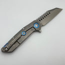 Pre Owned Marfione Custom Knives Warhound Stonewash Titanium w/ Deep Engraved Dagger Relief & Two Tone Stonewash Semi Mirror CTS-204P w/ Blue Accents