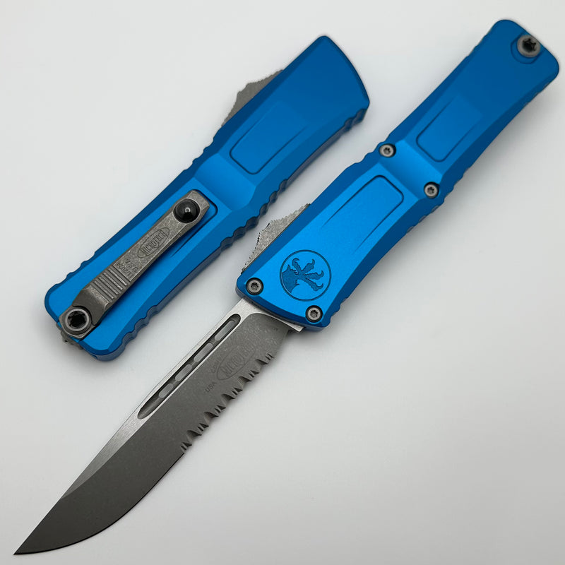 Microtech Knives Combat Troodon Gen III Apocalyptic Partial Serrated Single Edge w/ Blue Handle 1143-11APBL