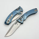 Microtech Amphibian Mini RAM LOK Stonewash Titanium Ice Blue Slab & Stonewash M390MK w/ Blue Accents 137MRL-10MS6