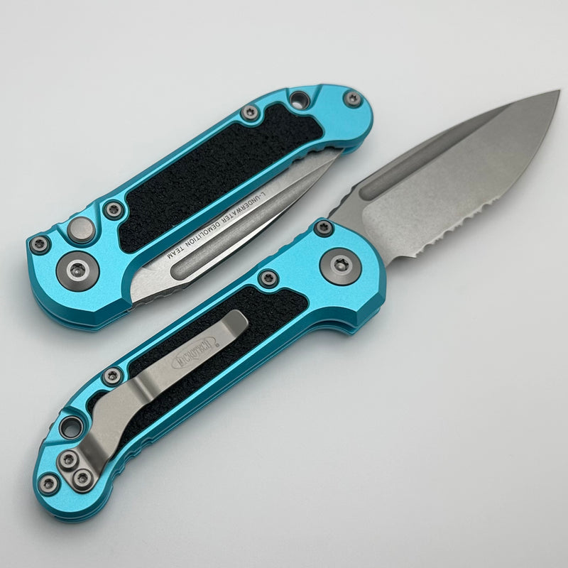 Microtech Knives LUDT Gen III Stonewash Partial Serrated Drop Point w/ Turquoise Handle 1135-11TQ