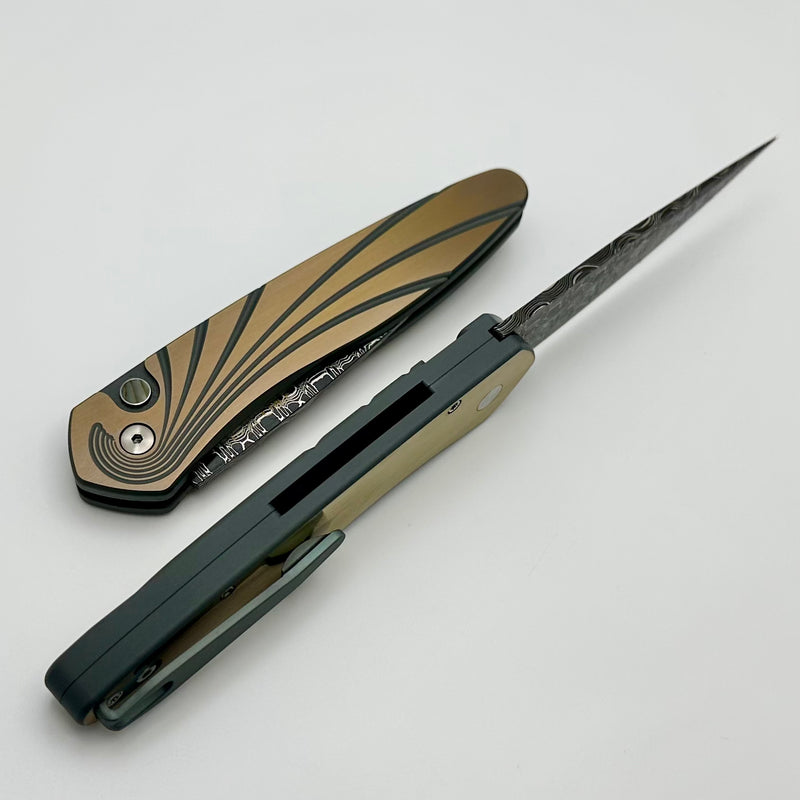 Pro-Tech Newport 2 Tone Green/Bronze Milled Ti w/ Abalone Button & Damascus 2024 Custom 001