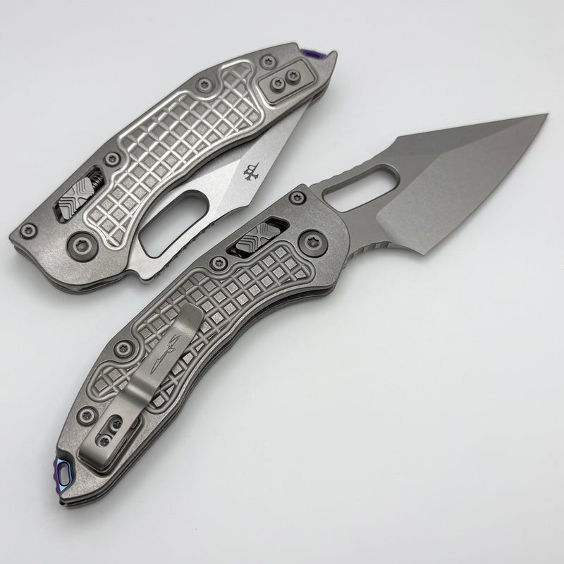 Microtech Marfione Select Manual Stitch RAM LOK Frag Titanium Handles & Stonewash M390MK w/ Double Vapor Blast & Purple Accents 169RL-10FRMS3