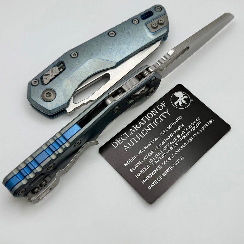 Microtech Marfione Select MSI RAM LOK Ice Blue Titanium Handles w/ Double Vapor Blast & Purple Accents & Full Serrated Stonewash M390MK 210-12MS6