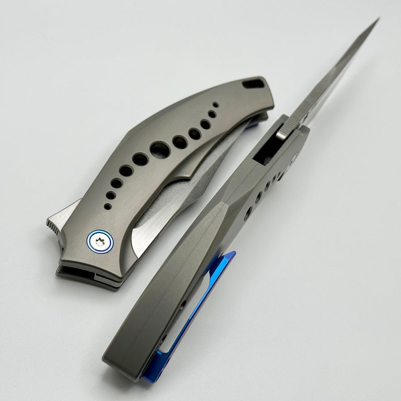 Mechforce Knives Tashi SOS Folder Stonewash M390 & Titanium Handles w/ Blue Accents