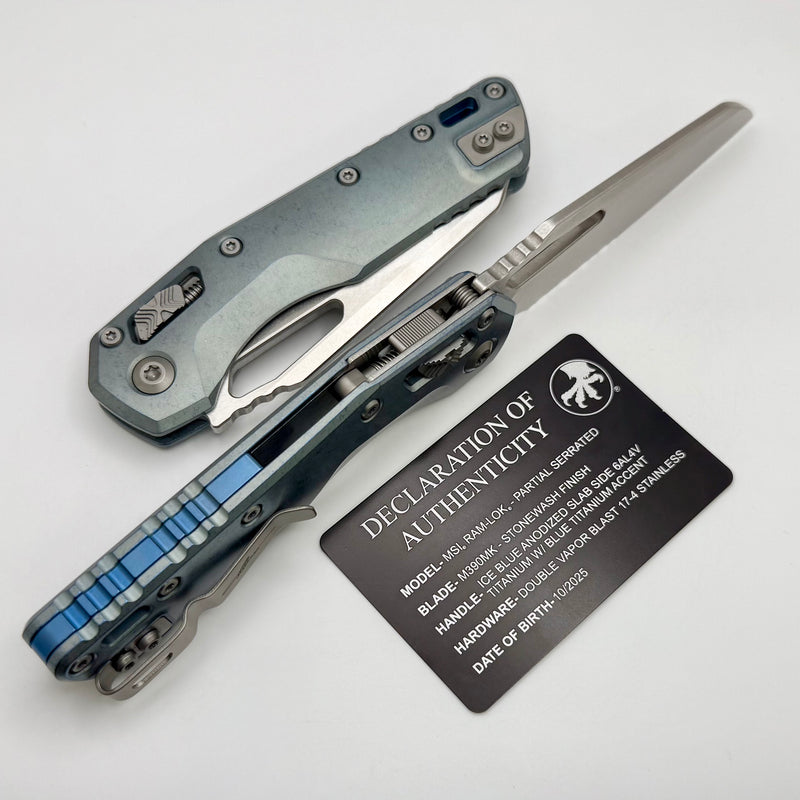 Microtech Marfione Select MSI RAM LOK Ice Blue Titanium Handles w/ Double Vapor Blast & Blue Accents & Part Serrated Stonewash M390MK 210-11MS6