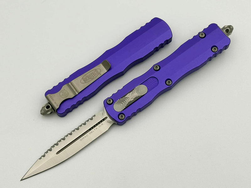 Microtech Dirac Delta D/E Satin Full Serrated w/ Purple Handle 227-6PU