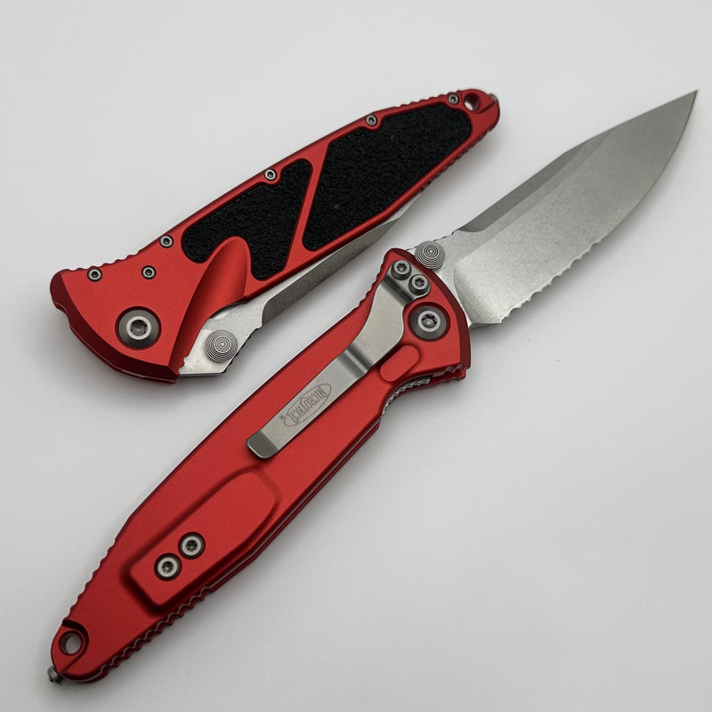 Microtech Socom Elite Manual S/E Partial Serrated Stonewash w/ Red Handle 160-11RD