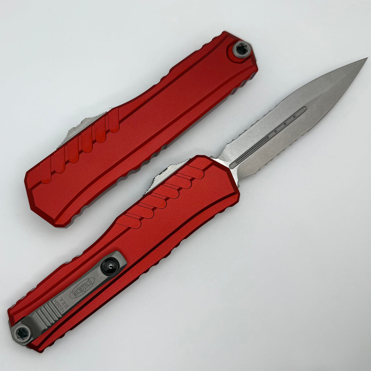 Microtech Cypher II D/E Stonewash Partial Serrated w/ Red Handle 1242-