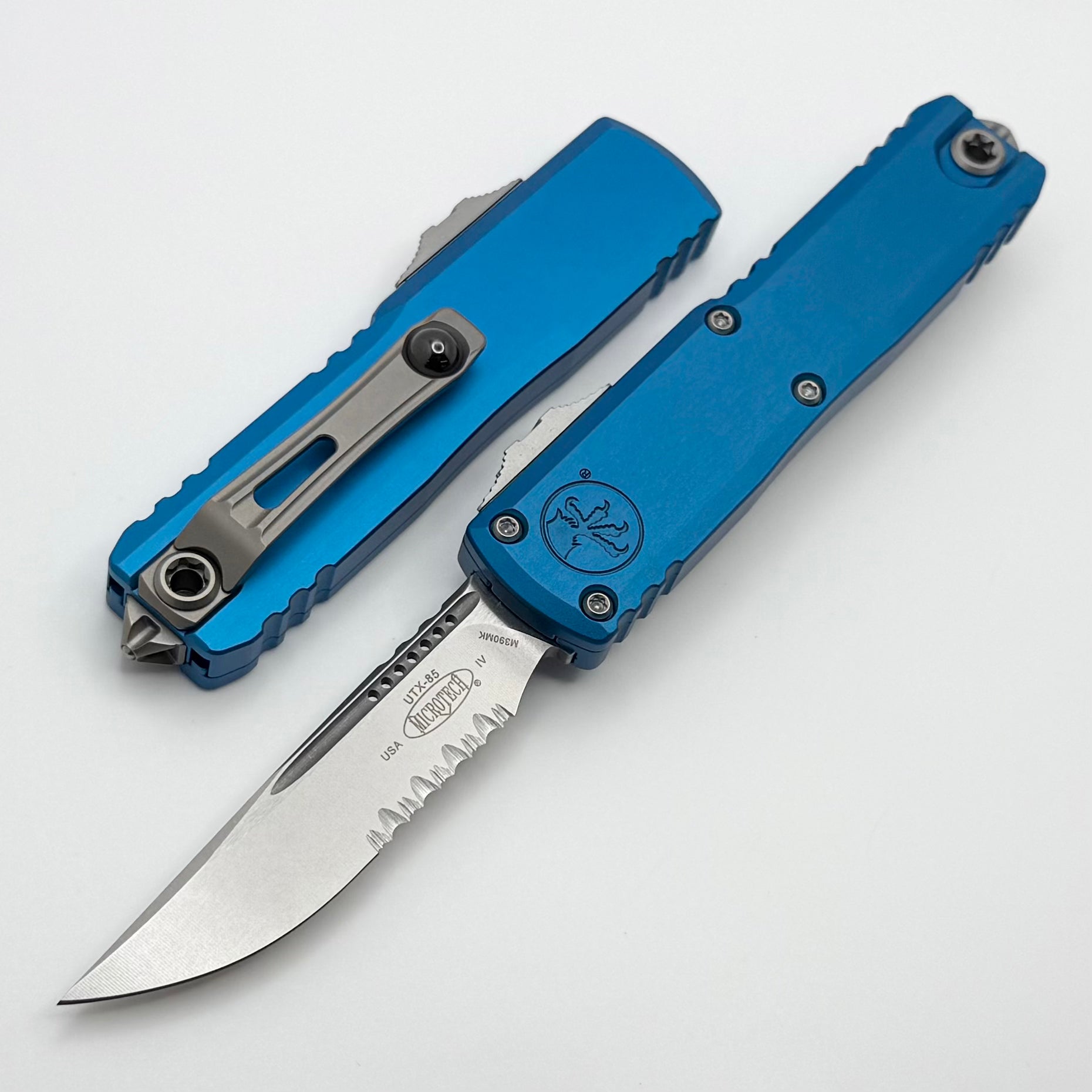 Microshell 85 Microtech UTX-85 Gen IV w/ Blue Handle & Stonewash S/E Part Serrated M