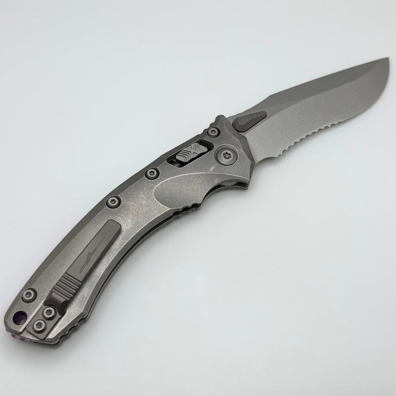 Microtech Marfione Select Amphibian RAM LOK Titanium Handles & Partial Serrated Stonewash M390MK w/ Double Vapor Blast & Purple Accents 137RL-11MS3