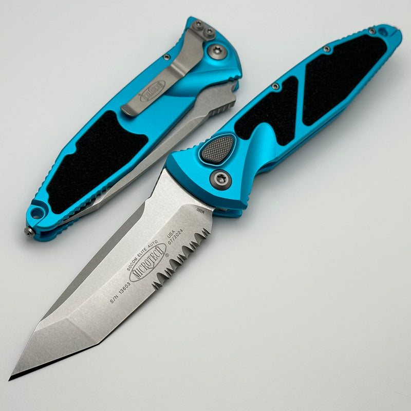 Microtech Socom Elite Auto Turquoise Handles w/ Stonewash Tanto Partial Serrated 161A-11TQ