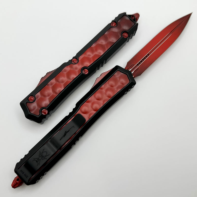 Microtech Makora Weathered Red Double Edge w/ Weathered Red Bubble Inlays & DLC Deep Engraving w/ Nickel Boron Internals Signature Series 206-1BIWRDS