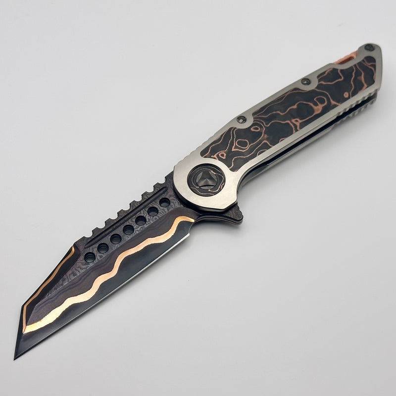 Marfione Custom Knives Warhound Sunset GoMai Baker Forge Damascus w/ Titanium & Protech Composites Copper CF Inlay