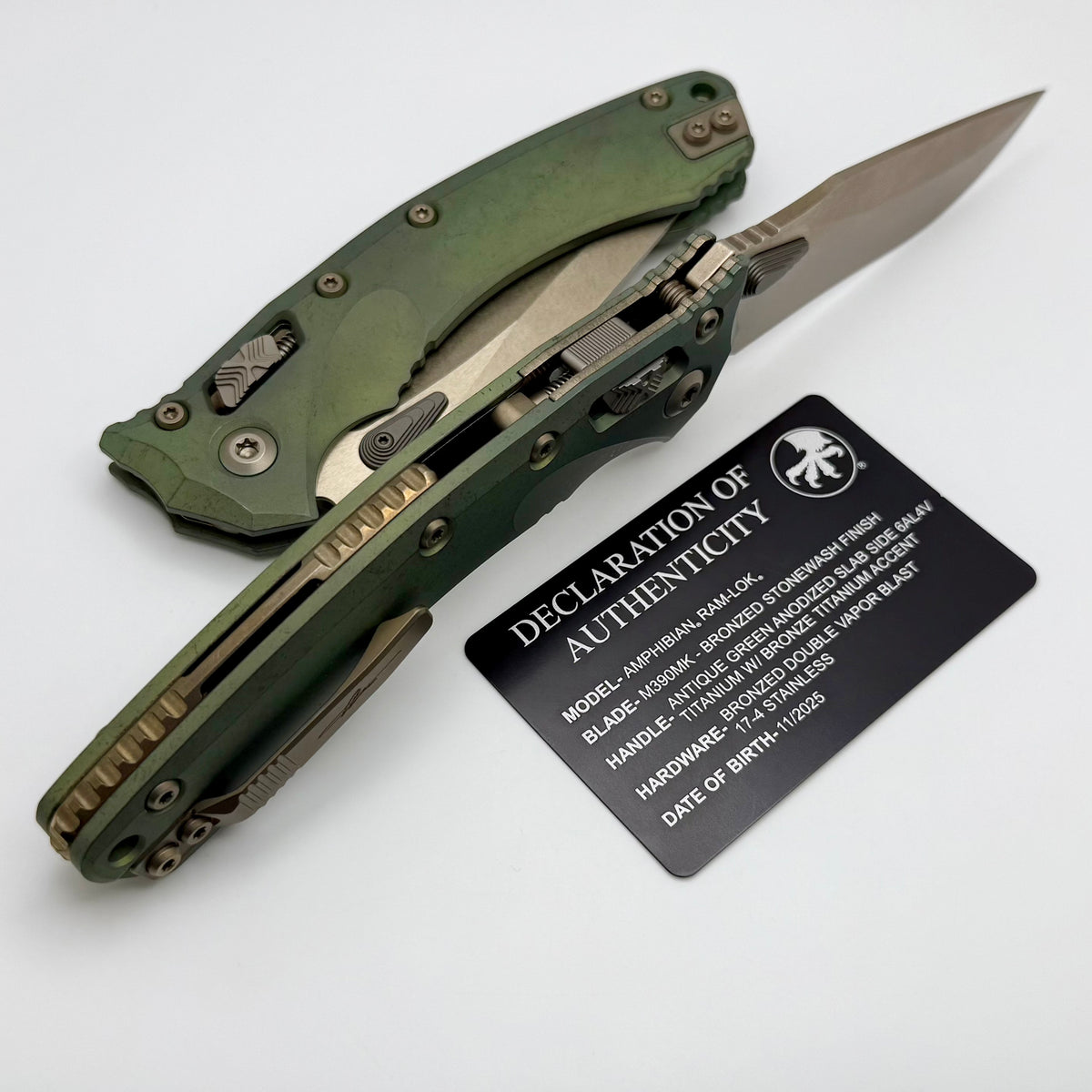 Microtech Marfione Select Amphibian RAM LOK Antique Green Slab Side Ti