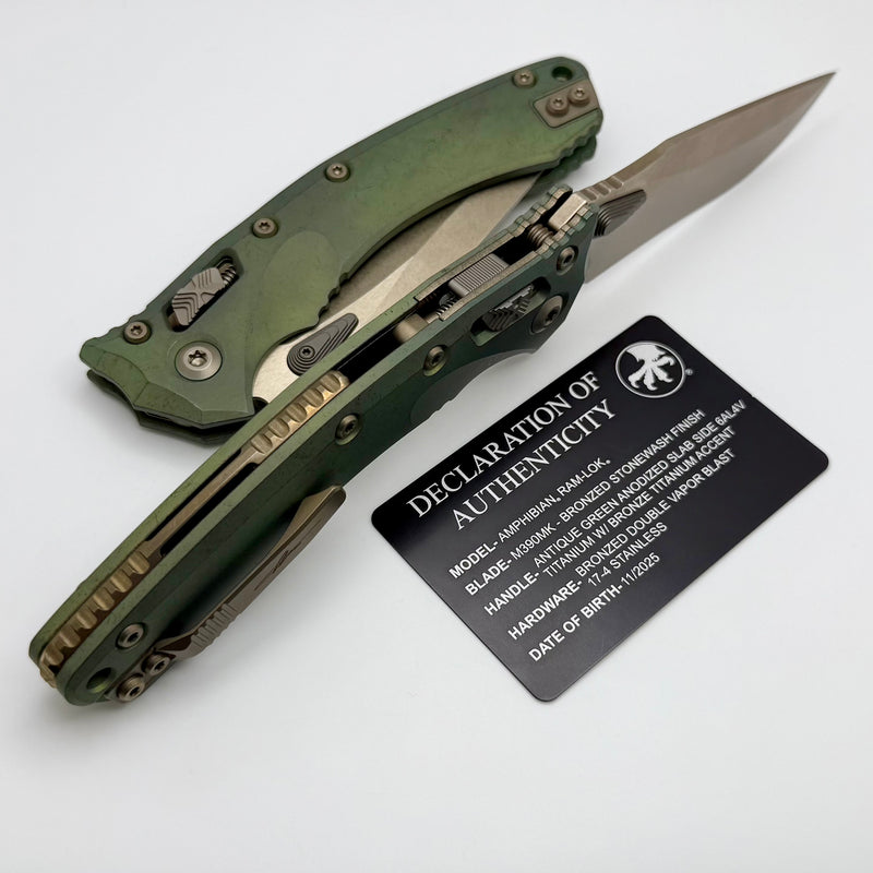 Microtech Marfione Select Amphibian RAM LOK Antique Green Slab Side Titanium Handles & Bronze M390MK & Bronzed Accents 137RL-13MS1