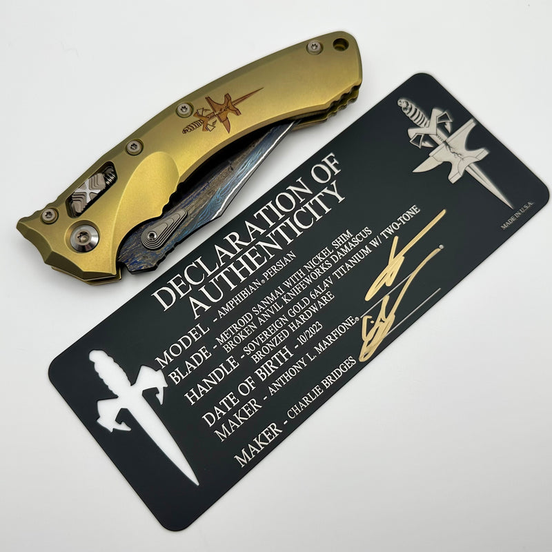 Marfione Custom Knives Amphibian RAM-LOK Metroid Sanmai w/ Nickel Shim Broken Anvil Damascus & Sovereign Gold Stippled Titanium w/ Joint Logo Dagger Engraved & Two Tone Bronzed Hardware