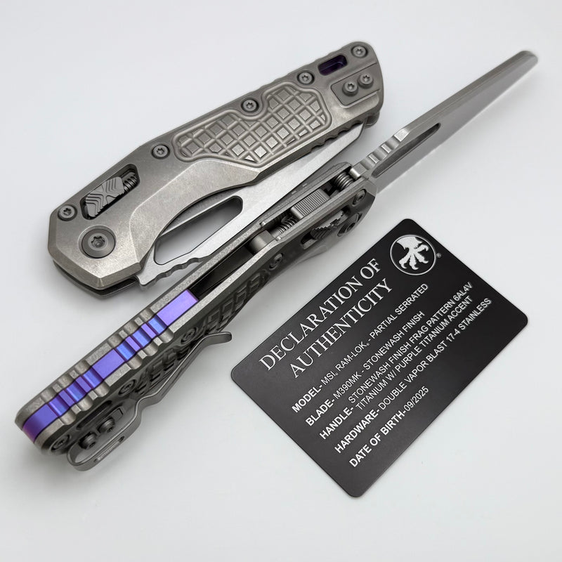 Microtech Marfione Select MSI RAM LOK Frag Titanium Handles w/ Double Vapor Blast & Purple Accents & Part Serrated Stonewash M390MK 210-11FRMS3