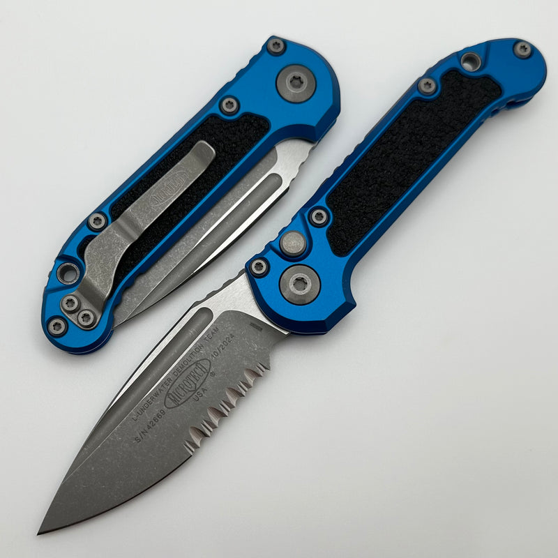 Microtech Knives LUDT Gen III Apocalyptic Partial Serrated Drop Point w/ Blue Handle 1135-11APBL