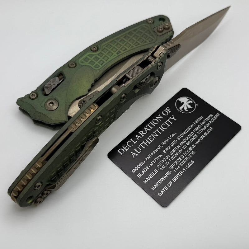 Microtech Marfione Select Amphibian RAM LOK Antique Green Frag Titanium Handles & Bronze M390MK & Bronzed Accents 137RL-13FRMS1