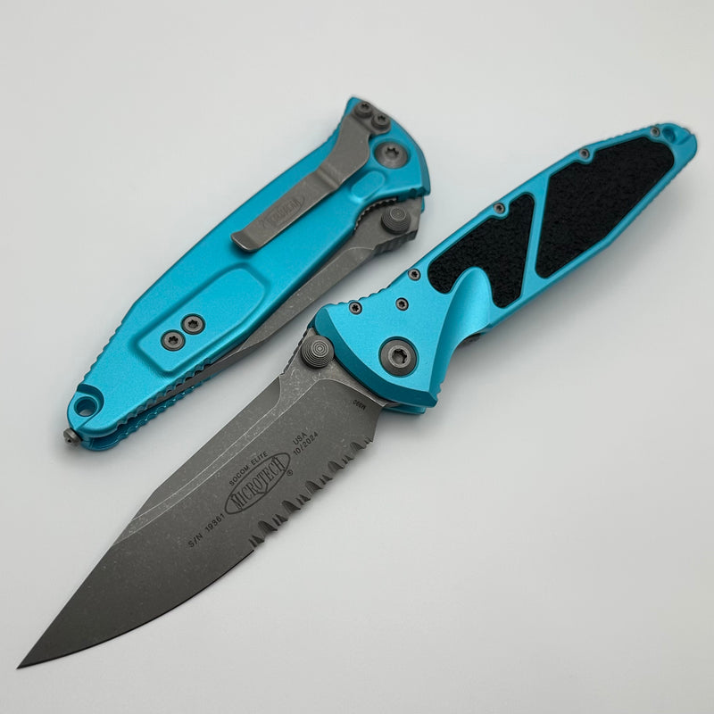 Microtech Socom Elite Manual S/E Partial Serrated Apocalyptic w/ Turquoise Handle 160-11APTQ