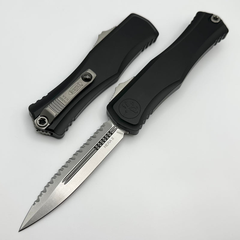 Microtech Knives Hera II Stonewash Double Edge Full Serrated w/ Black Handle 1702-12