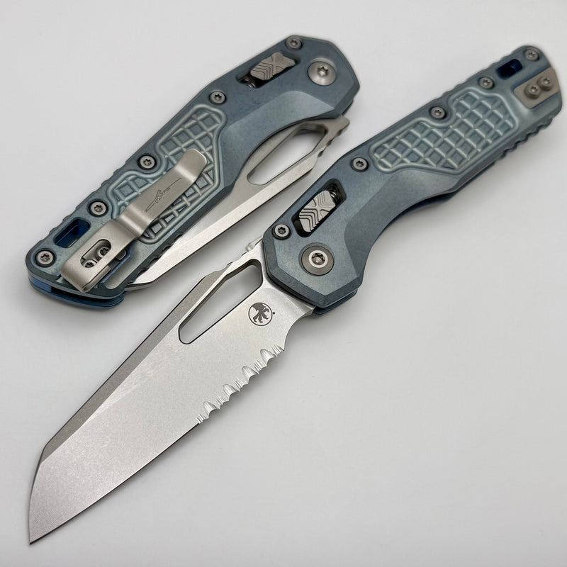 Microtech Marfione Select MSI RAM LOK Ice Blue Titanium Frag Handles w/ Double Vapor Blast & Blue Accents & Part Serrated Stonewash M390MK 210-11FRMS6