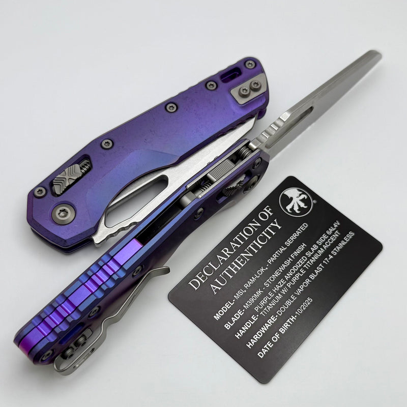 Microtech Marfione Select MSI RAM LOK Purple Haze Titanium Handles w/ Double Vapor Blast & Purple Accents & Part Serrated Stonewash M390MK 210-11MS5
