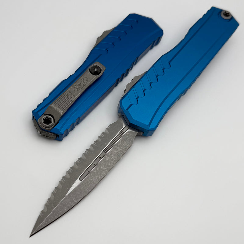 Microtech Cypher II D/E Full Serrated Apocalyptic w/ Blue Handle 1242-12APBL