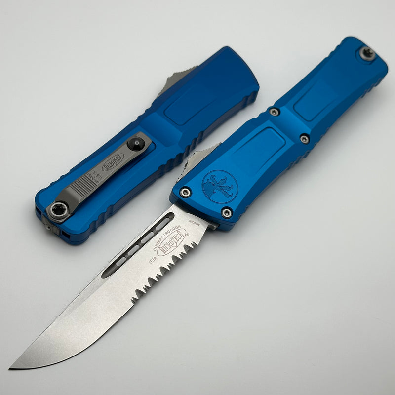 Microtech Knives Combat Troodon Gen III Stonewash Partial Serrated Single Edge w/ Blue Handle 1143-11BL