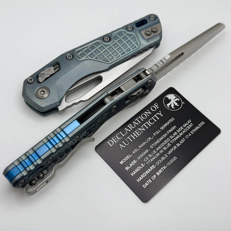 Microtech Marfione Select MSI RAM LOK Ice Blue Frag Titanium Handles w/ Double Vapor Blast & Blue Accents & Full Serrated Stonewash M390MK 210-12FRMS6