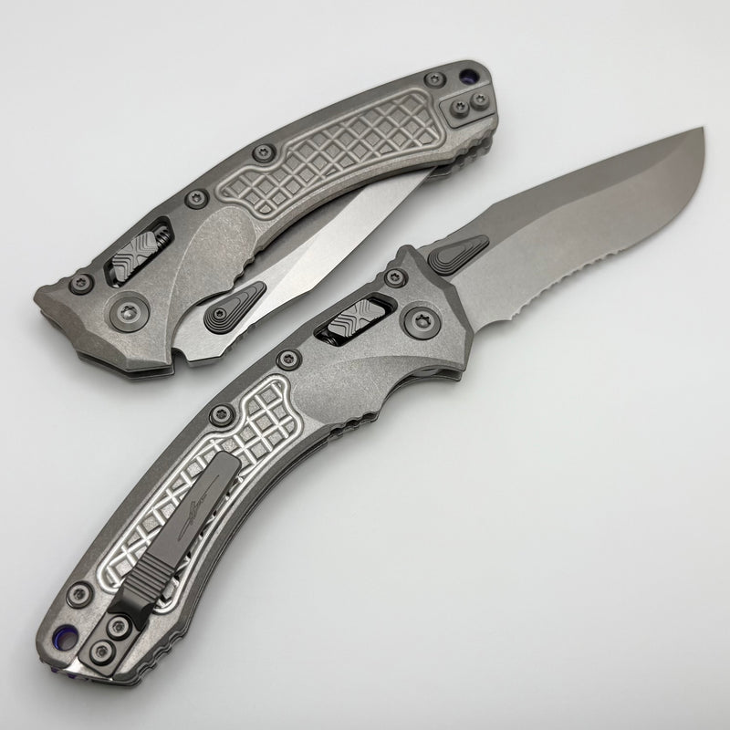 Microtech Marfione Select Amphibian RAM LOK Frag Titanium Handles & Partial Serrated Stonewash M390MK w/ Double Vapor Blast & Purple Accents 137RL-11FRMS3