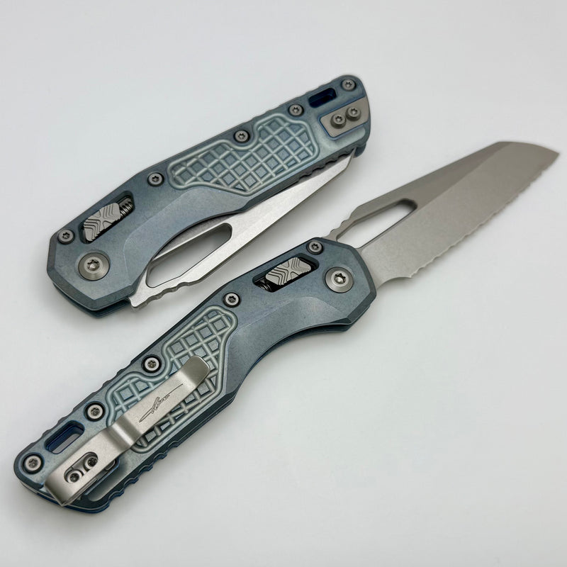 Microtech Marfione Select MSI RAM LOK Ice Blue Frag Titanium Handles w/ Double Vapor Blast & Blue Accents & Full Serrated Stonewash M390MK 210-12FRMS6