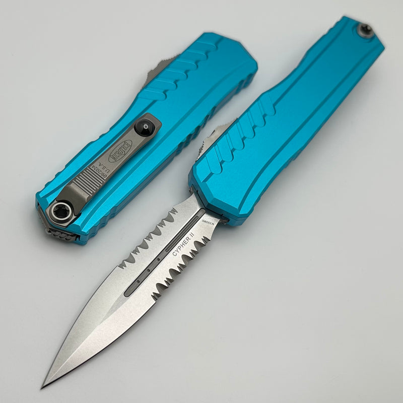 Microtech Cypher II D/E Stonewash Partial Serrated w/ Turquoise Handle 1242-11TQ