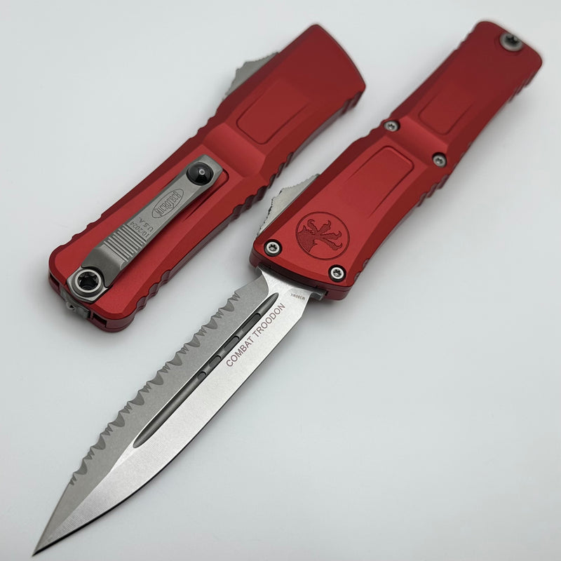 Microtech Knives Combat Troodon Gen III Stonewash Full Serrated Double Edge w/ Red Handle 1142-12RD