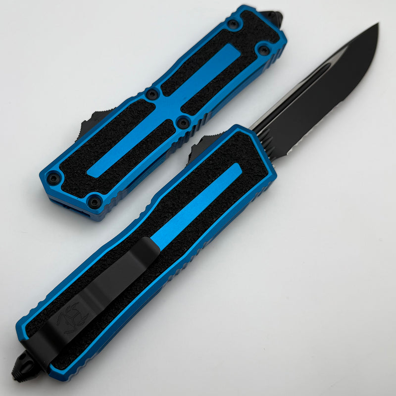 Microtech Scarab 2 Gen 3 S/E Spine Fluted Black Partial Serrated w/ Blue Handle 1278-2BL