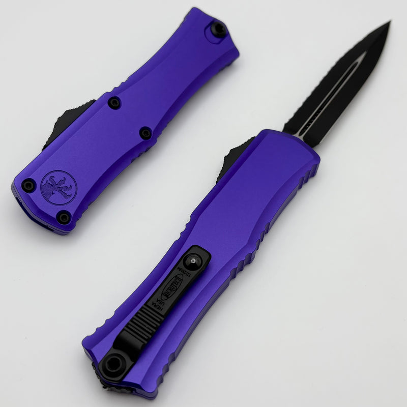 Microtech Knives Mini Hera Black Full Serrated D/E M390MK w/ Purple Handle 1702M-3PU