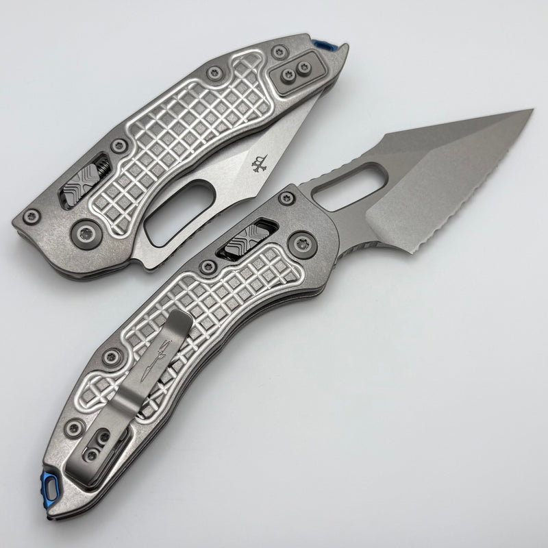 Microtech Marfione Select Manual Stitch RAM LOK Titanium Frag Handles & Full Serrated Stonewash M390MK w/ Double Vapor Blast & Blue Accents 169RL-12FRMS2