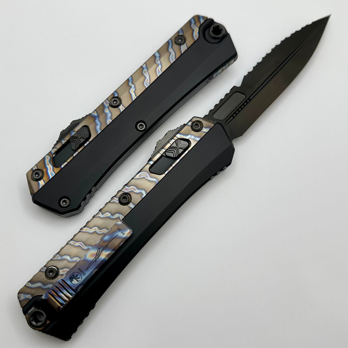 Microtech Glykon DLC Bayonet Part Serrated w/ Flamed Titanium Accents