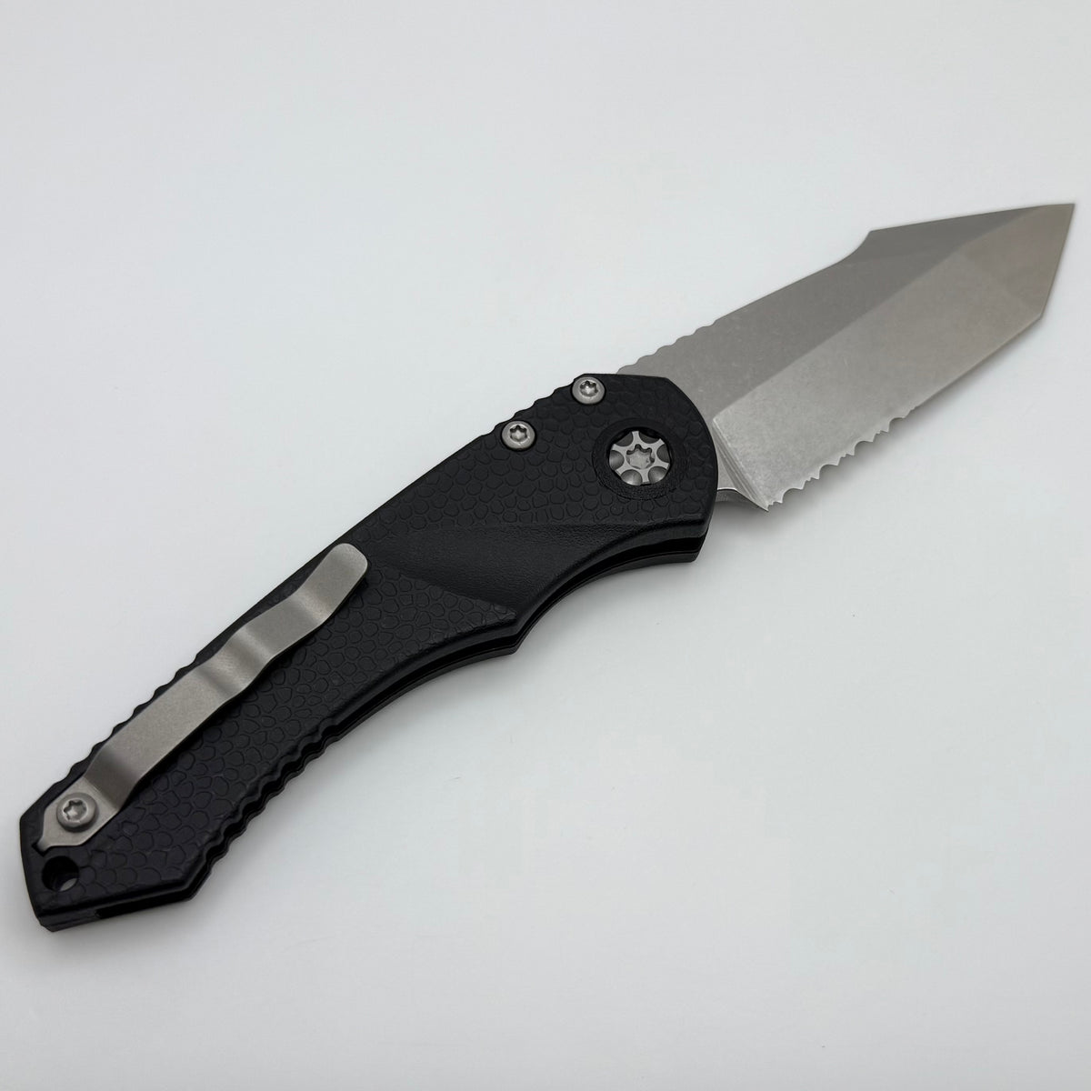 Heretic Knives Mini Pariah Auto Black Polymer Handles w/ Stonewash Tan