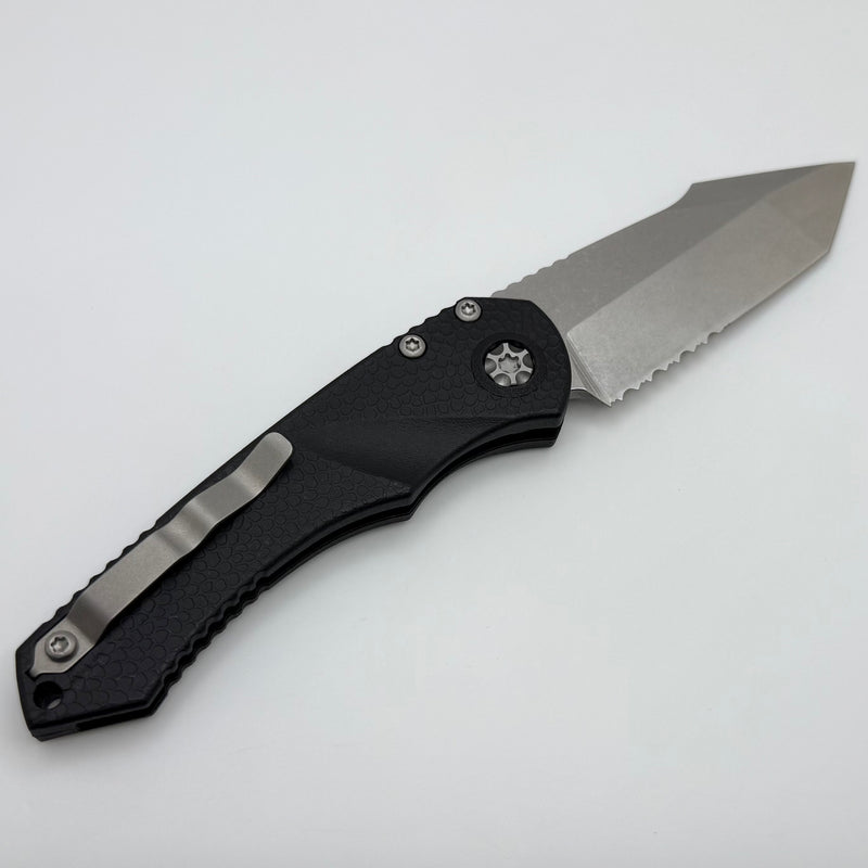 Heretic Knives Mini Pariah Auto Black Polymer Handles w/ Stonewash Tanto Serrated MagnaCut H055-2B