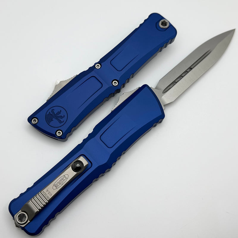 Microtech Knives Combat Troodon Gen III Stonewash Double Edge w/ Navy Blue Handle 1142-10NA