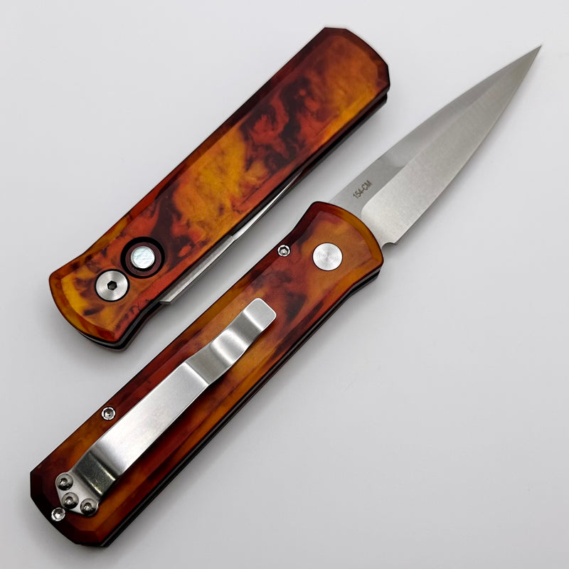 Pro-Tech Godson Del Fuego Custom Anodized Handle w/ Mother of Pearl Button & Satin 154-CM Blade 721 DF1