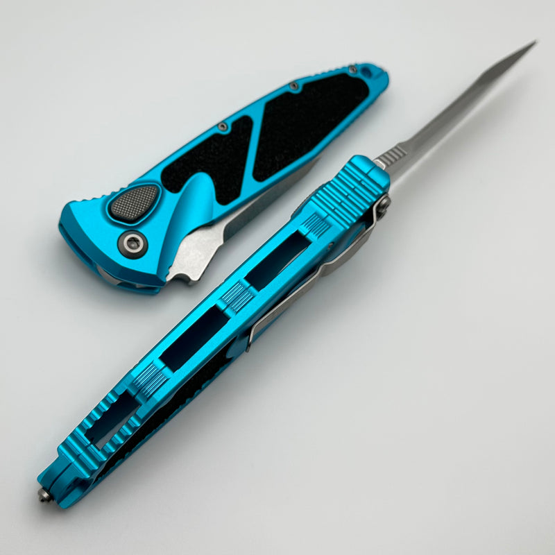 Microtech Socom Elite Auto Turquoise Handles w/ Stonewash Single Edge Partial Serrated 160A-11TQ