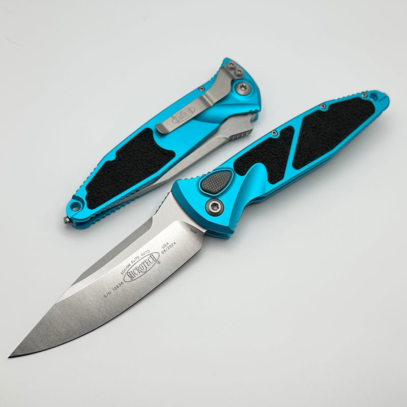 Microtech Socom Elite Auto Turquoise Handles w/ S/E Stonewash 160A-10TQ