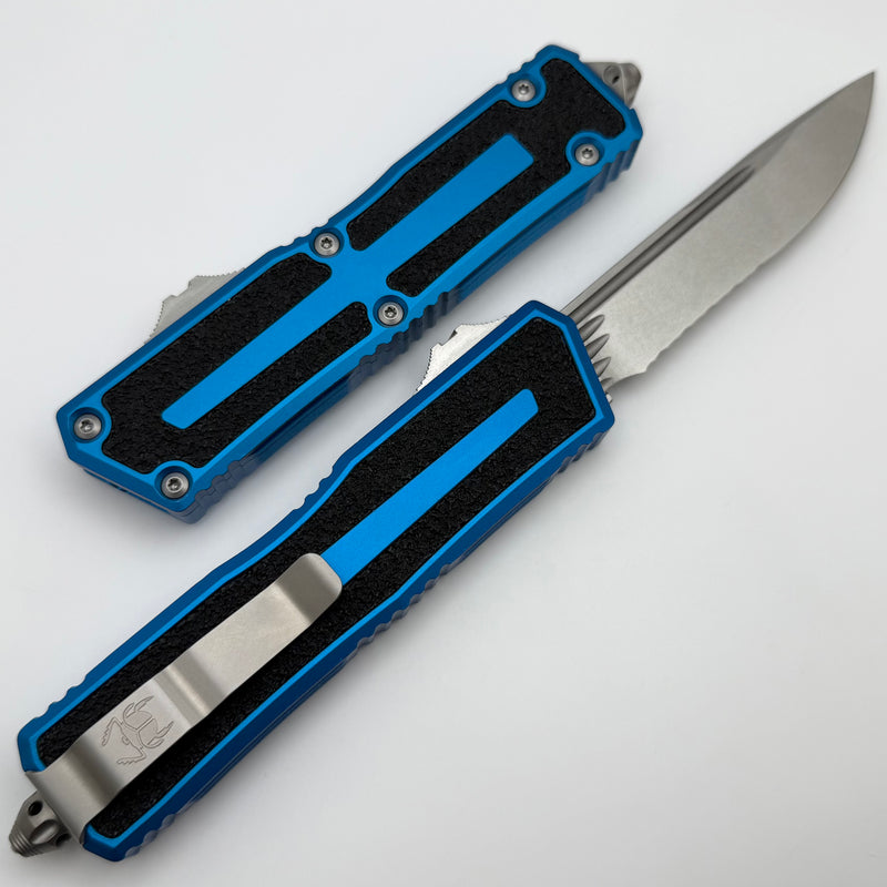 Microtech Scarab 2 Gen 3 S/E Stonewash Partial Serrated w/ Blue Handles 1278-11BL