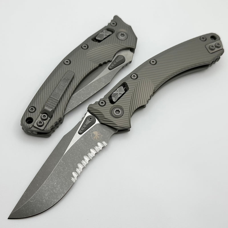 Microtech Amphibian RAM LOK Apocalyptic Natural Clear Fluted Aluminum & Partial Serrated M390MK 137RL-11APFLNC