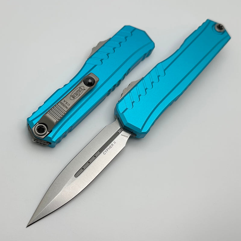 Microtech Cypher II D/E Stonewash w/ Turquoise Handle 1242-10TQ