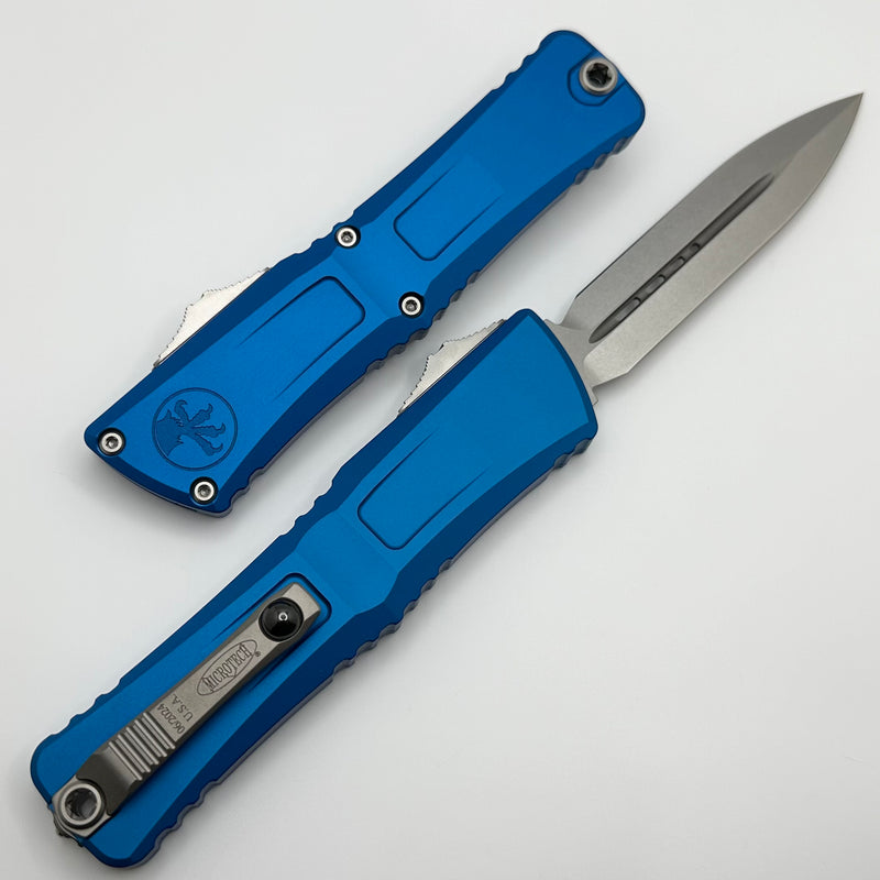 Microtech Knives Combat Troodon Gen III Stonewash Double Edge w/ Blue Handle 1142-10BL