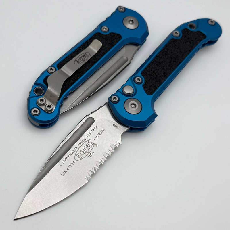 Microtech Knives LUDT Gen III Stonewash Partial Serrated Drop Point w/ Blue Handle 1135-11BL